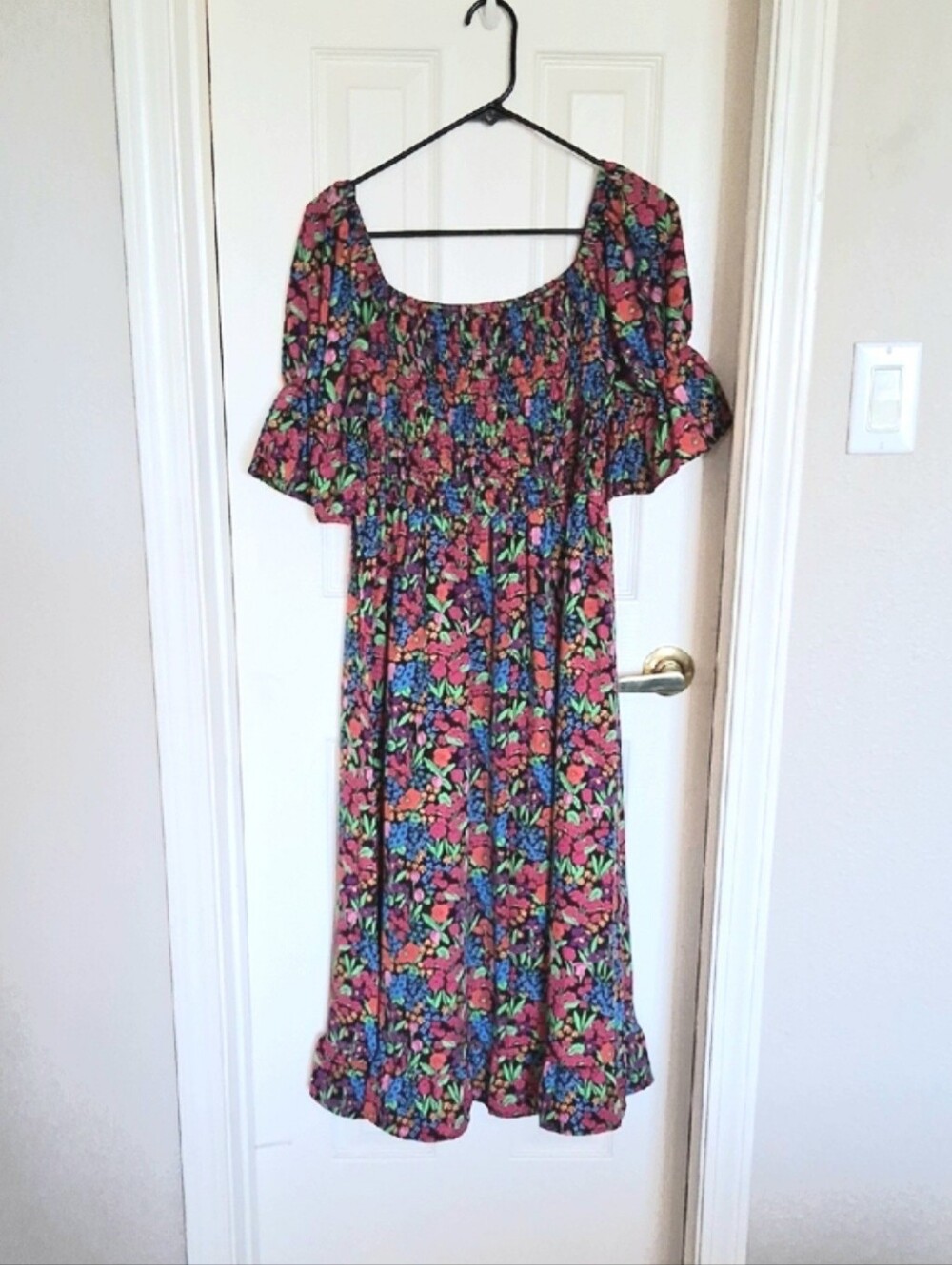 Smocked Square-Neck Midi Dress in Multi Floral
